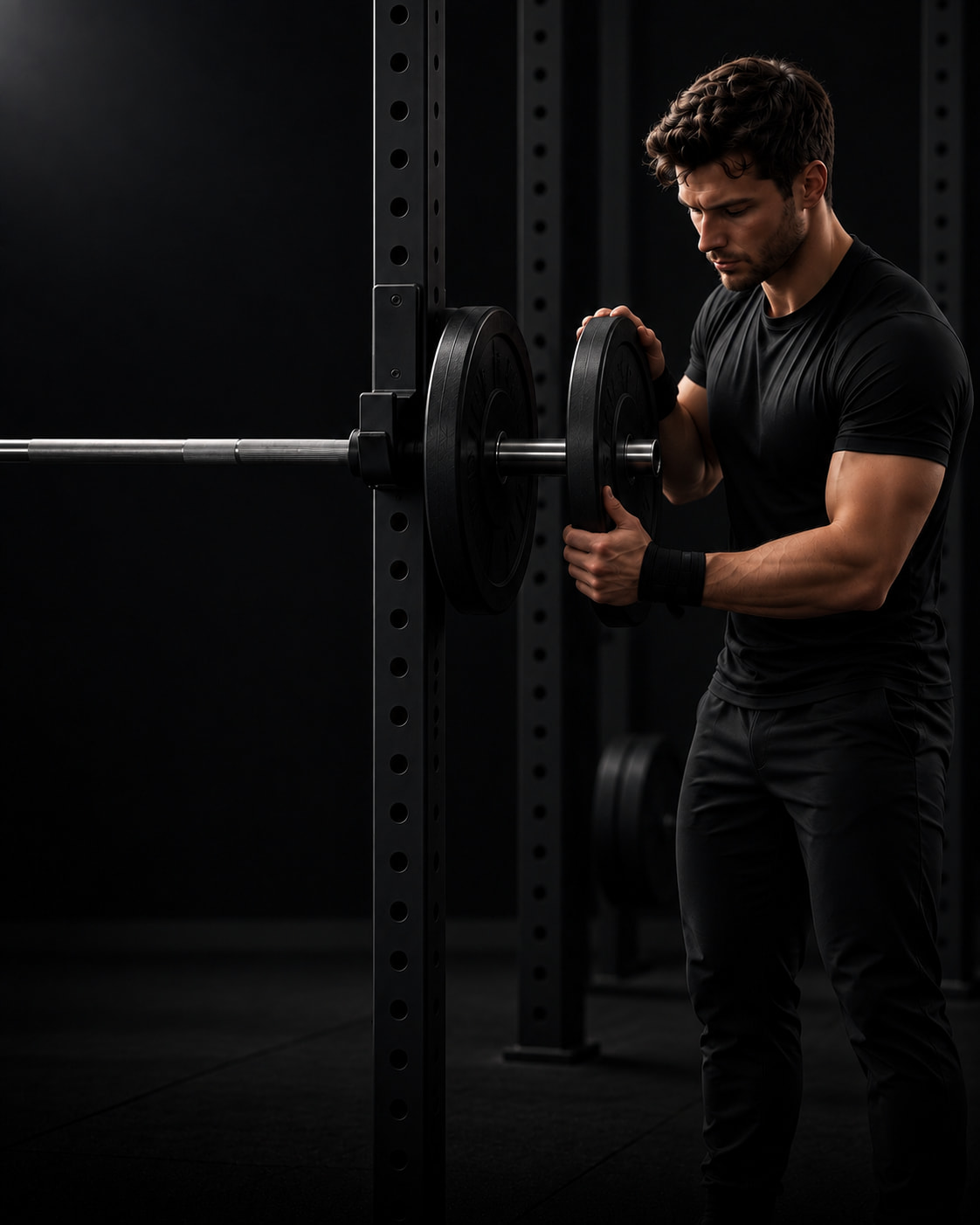 An athlete preparing a barbell in a quiet, dark gym.