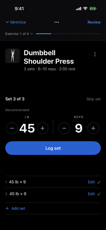 Dumbbell Shoulder Press: two recorded sets at 45 lb × 9, with the third set ready. Sample data.
