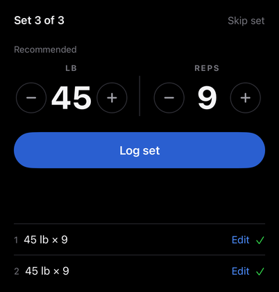 Dumbbell Shoulder Press: two recorded sets at 45 lb × 9, with the third set ready. Sample data.