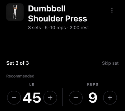 Dumbbell Shoulder Press: two recorded sets at 45 lb × 9, with the third set ready. Sample data.