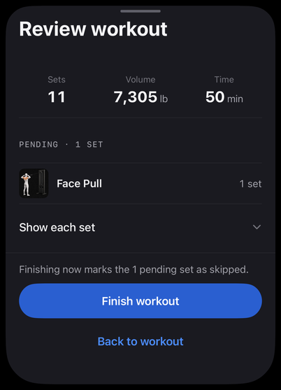 Review workout: 11 recorded sets, 7,305 lb, 50 minutes and one pending set before filing. Sample data.
