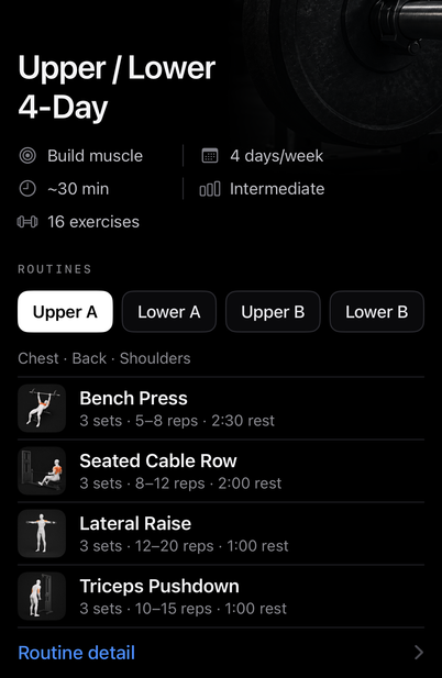 Upper / Lower 4-Day: Program identity, four Routines and the Upper A exercise structure. Sample data.